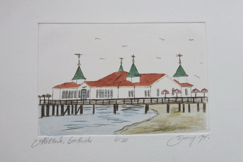 Ahlbeck  Seebrücke 212 / Monika Hempel/Originalradierung handcoloriert signiert